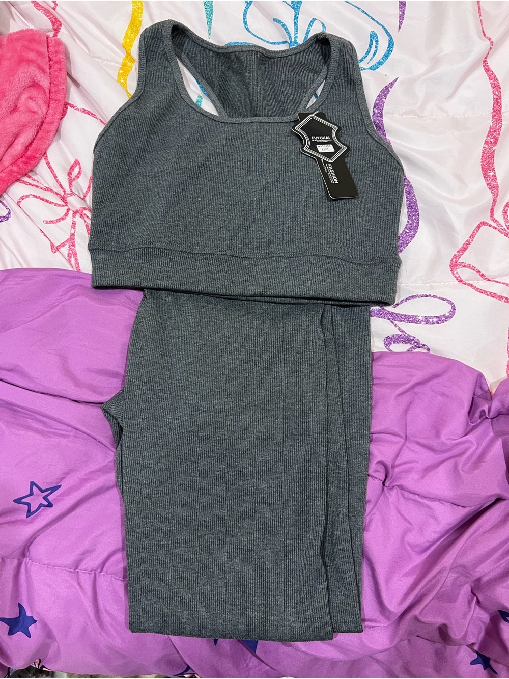 NWT Fuyuki Women’s Gray Ribbed Stretch 2-Piece Set Bra + Leggings Size L/XL